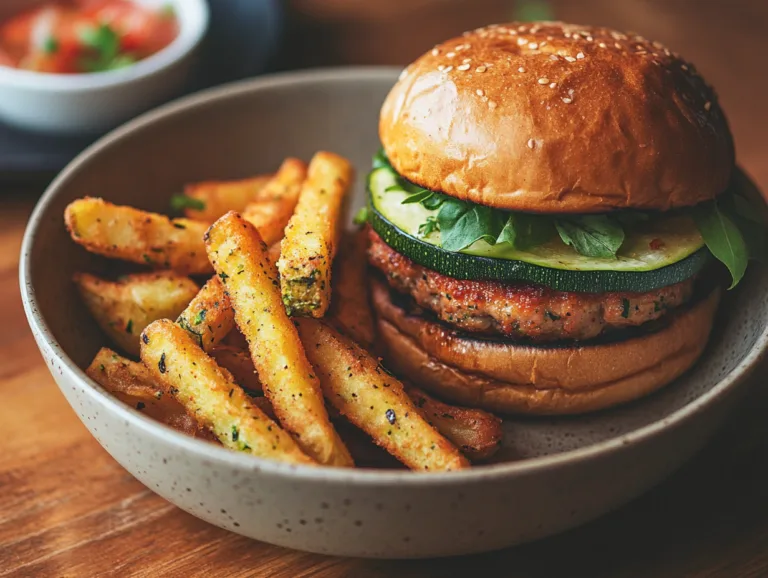 Burger with vegetables and baked fries served in a bowl, representing diabetes-friendly comfort food options.
