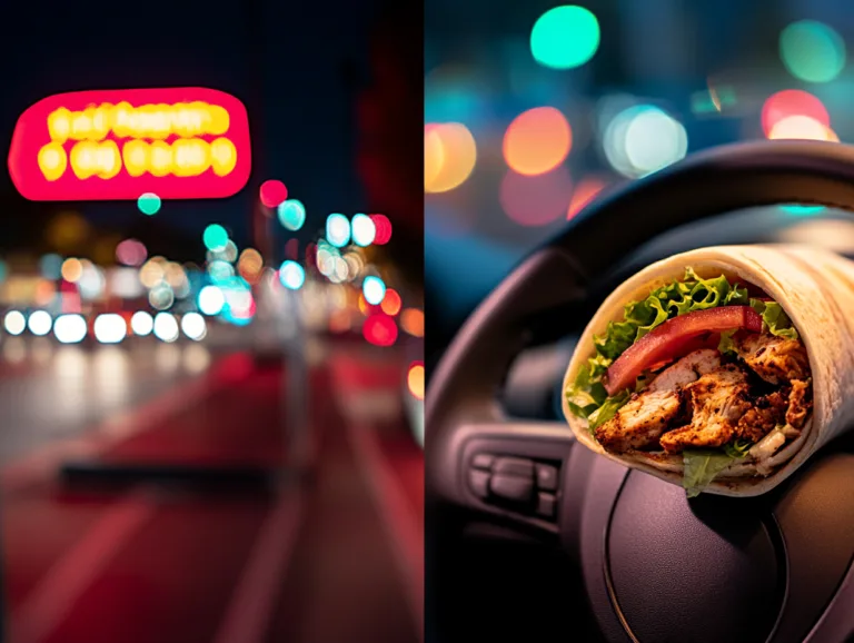 Chicken wrap with vegetables resting on a car steering wheel at night, a fast food meal on the road
