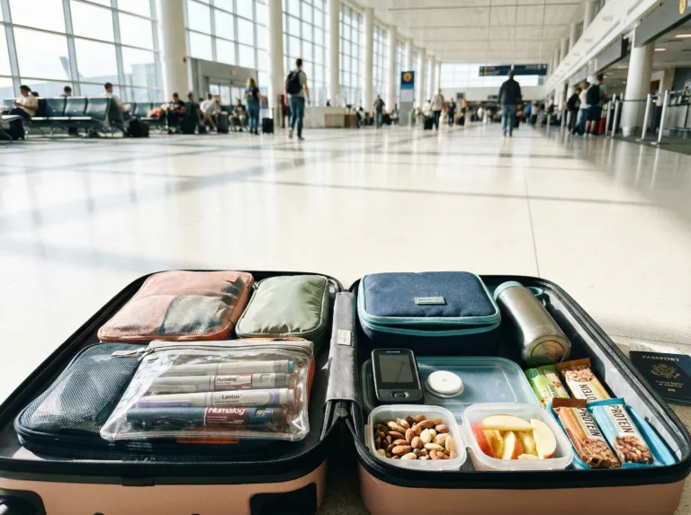 Open suitcase at an airport containing diabetes supplies, glucose meter, insulin pens, snacks, and travel essentials.