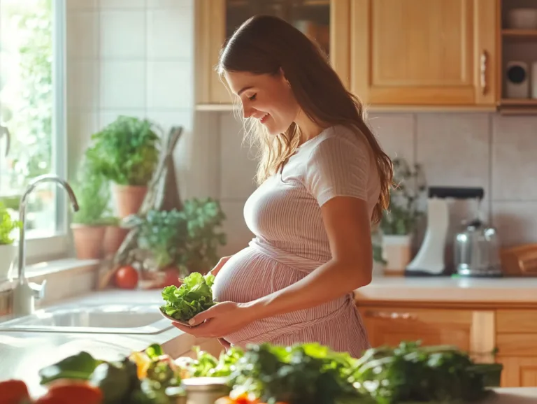 Gestational Diabetes Meal Plan: a smiling pregnant woman in a bright kitchen holds a bowl of fresh salad greens