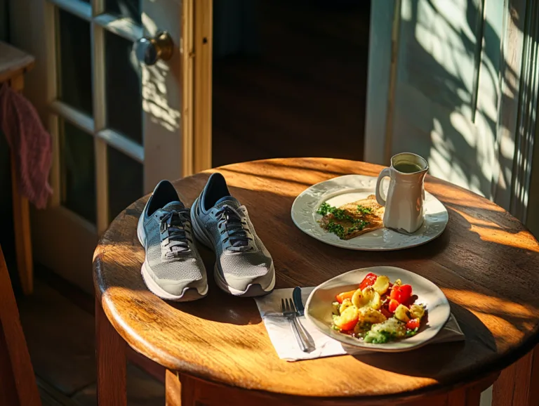 Walking shoes next to a healthy meal on a wooden table, ready for a short walk after eating