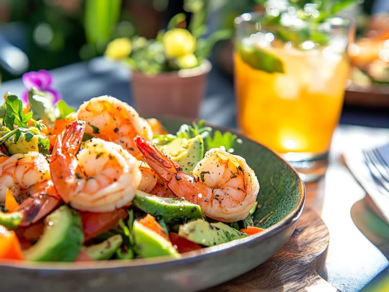 Bowl of shrimp and avocado salad served outdoors with a cold drink, a light meal for a hot summer day