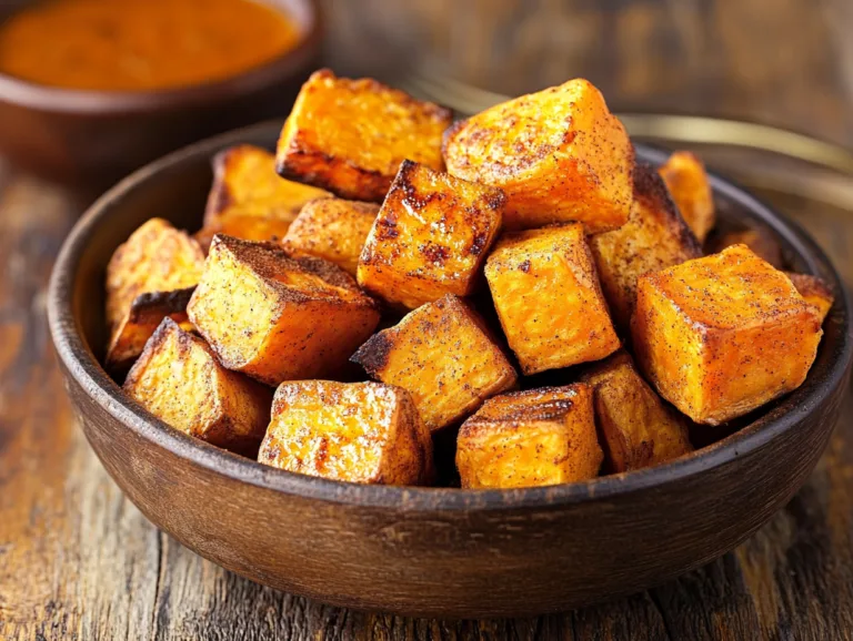 Bowl of roasted sweet potato cubes on a wooden table.