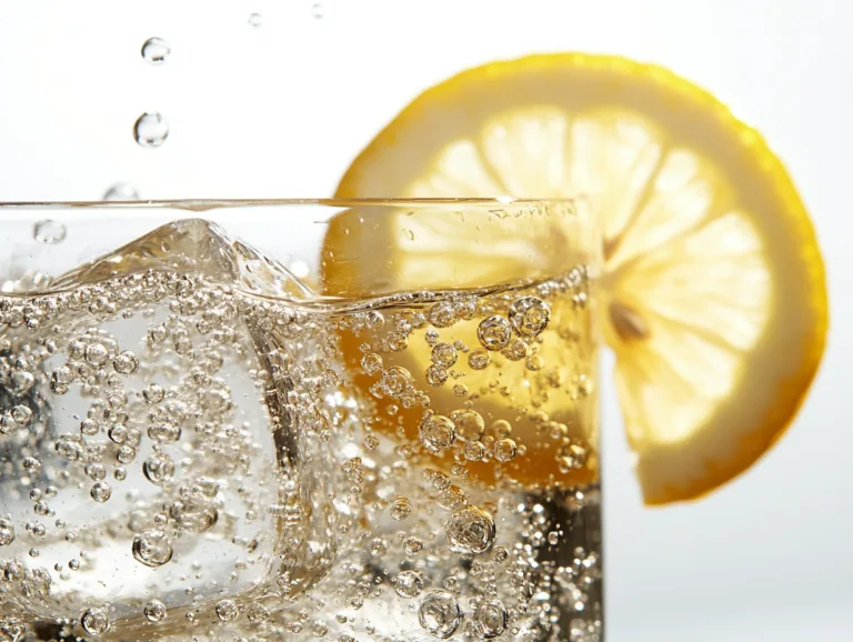 Glass of carbonated drink with ice cubes and a lemon slice.