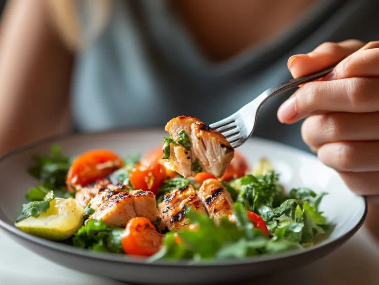 Person holding a fork with a bite of grilled chicken and salad.