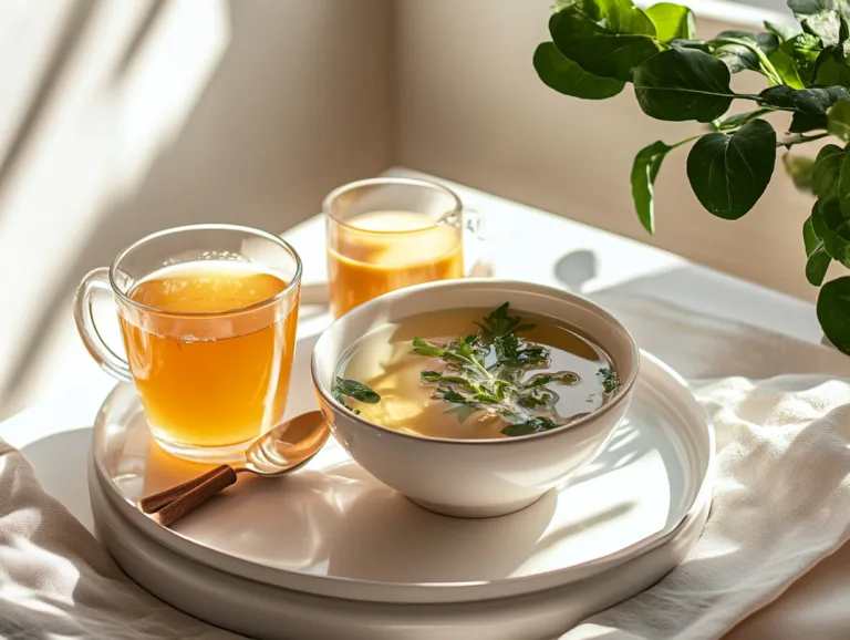 Bowl of clear broth with herbs served with cups of tea on a tray.