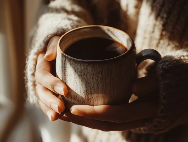 Person holding a mug of black coffee with both hands.