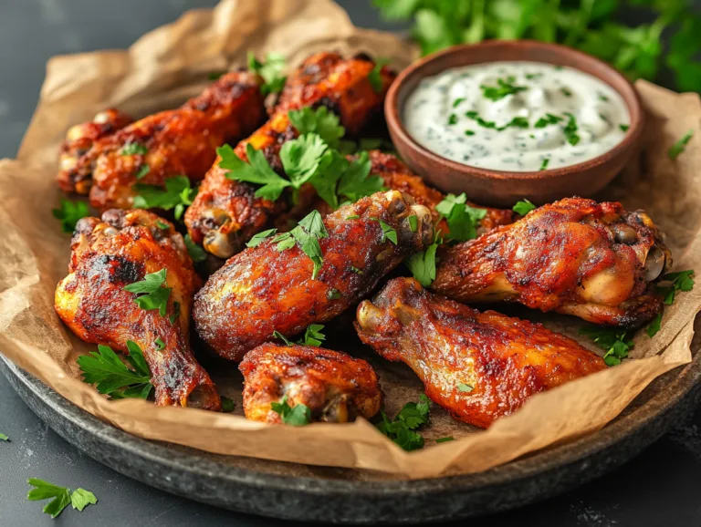 Plate of roasted chicken wings with herbs and a bowl of dipping sauce.