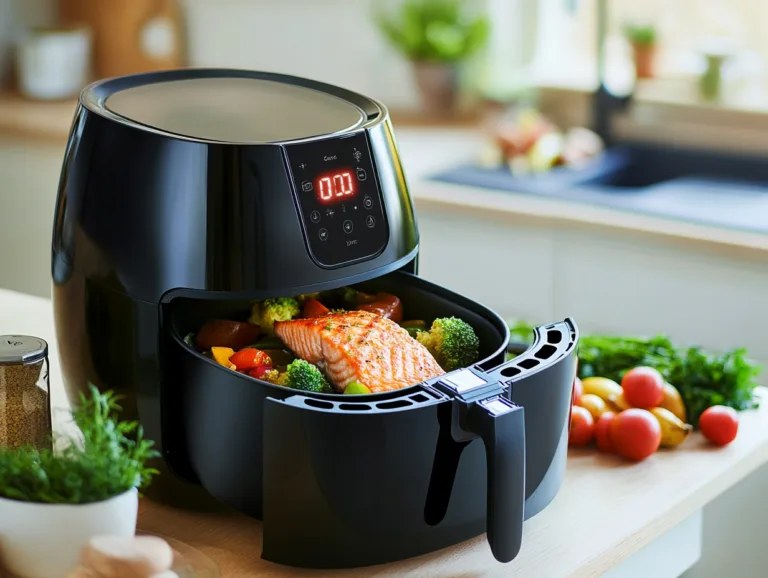 Air fryer with salmon and vegetables cooking in the basket on a kitchen counter.