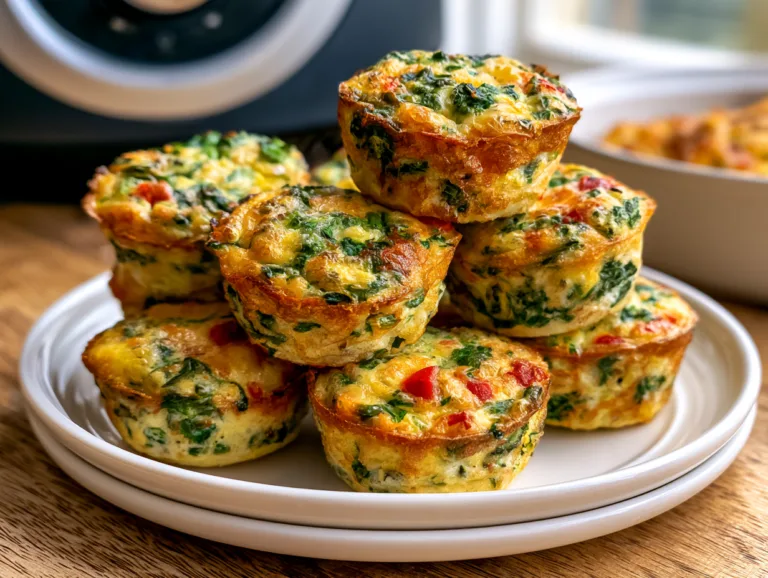 Plate of air fryer egg bites with spinach, herbs, and diced vegetables.
