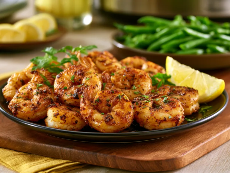 Plate of seasoned air fryer shrimp with a lemon wedge and green beans in the background.
