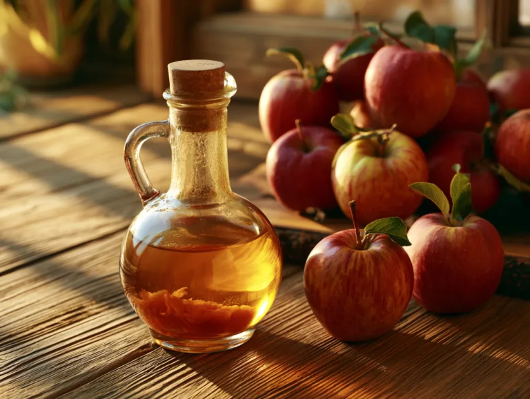 Glass bottle of apple cider vinegar on a wooden table with fresh red apples nearby.