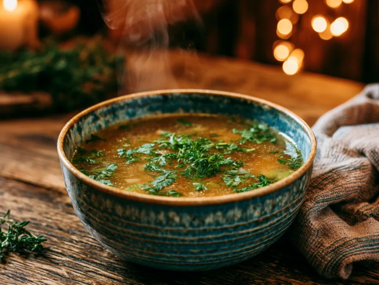 Steaming bowl of bone broth topped with fresh herbs on a wooden table.