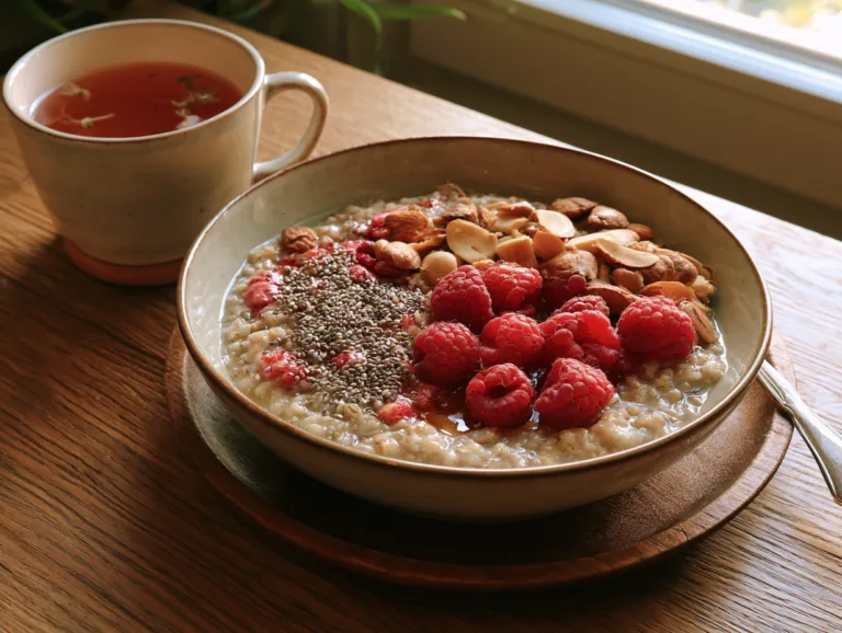 Bowl of high-fiber oatmeal topped with raspberries, chia seeds, and almonds beside a cup of tea.