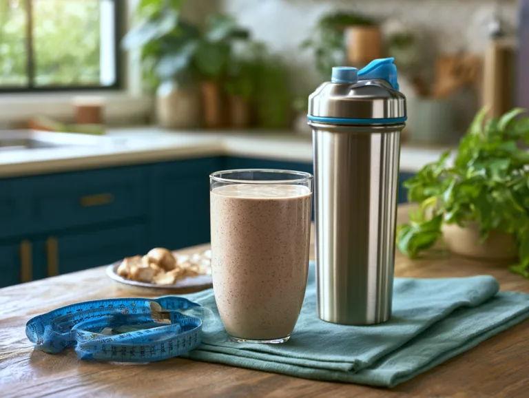 Protein shake in a glass beside a shaker bottle and measuring tape on a kitchen counter.