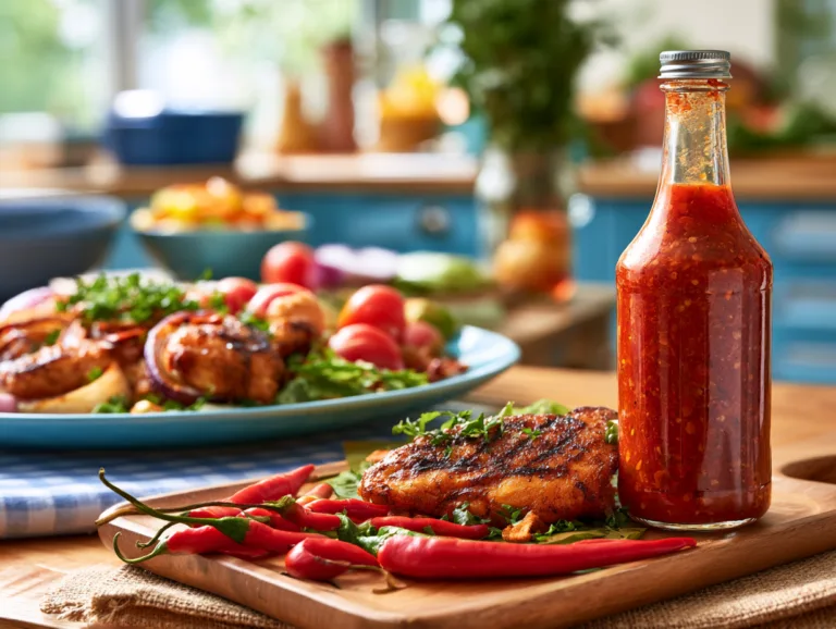 Bottle of spicy red sauce with chili peppers and grilled food on a kitchen counter.