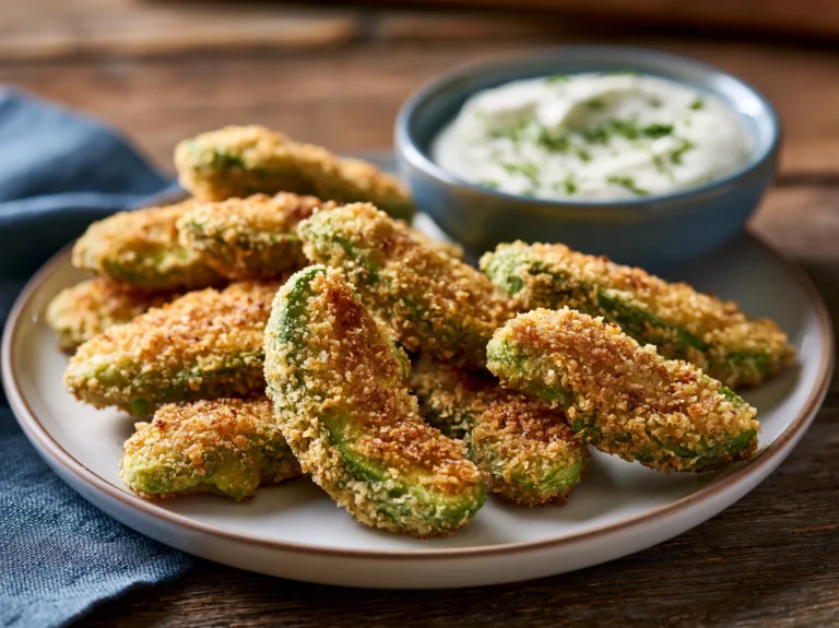 Crispy breaded avocado fries served with a creamy dipping sauce.