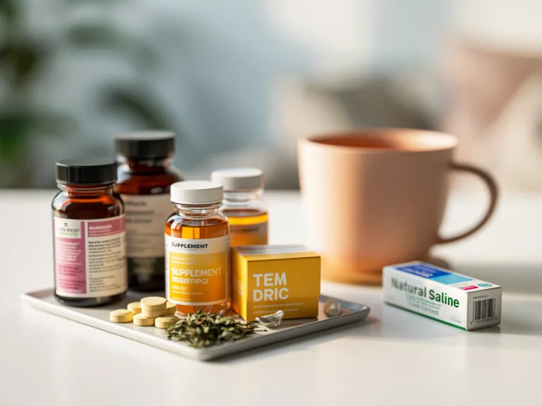 Cold medicine, supplements, and saline spray arranged beside a cup of tea.