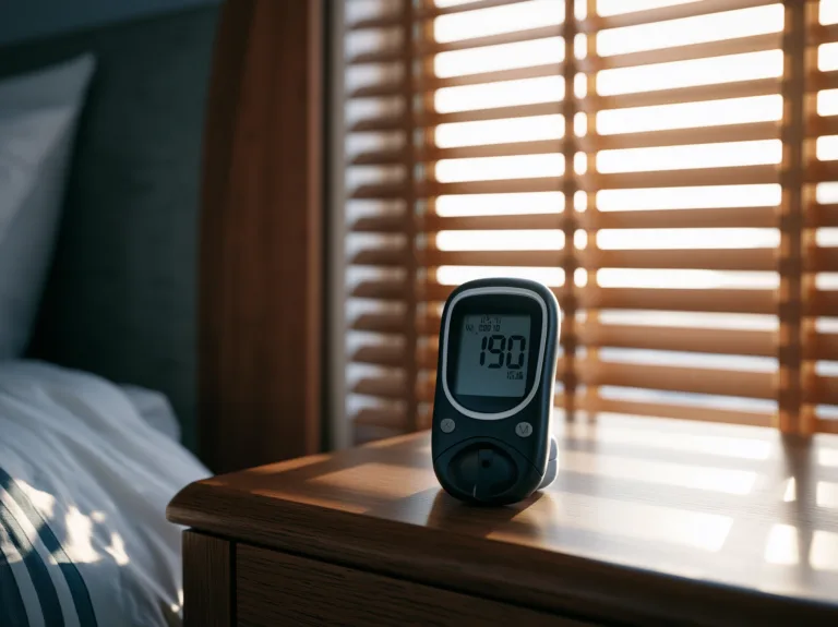 Blood glucose meter on a bedside table in morning light.