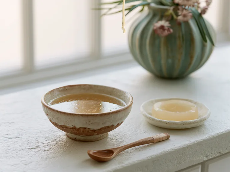 Small bowl of clear broth beside a dish of soft food on a light kitchen counter.