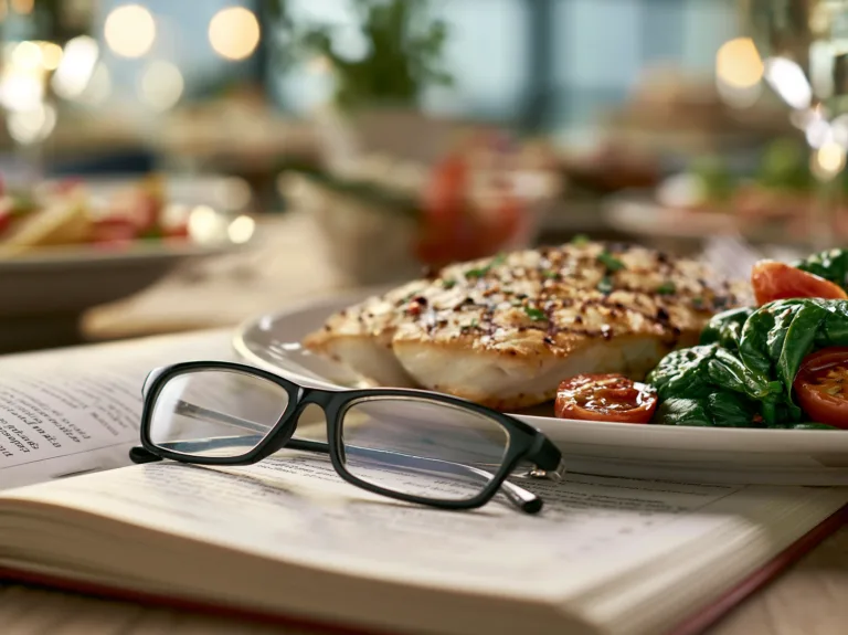 Restaurant meal with grilled fish, greens, tomatoes, and a menu with eyeglasses.