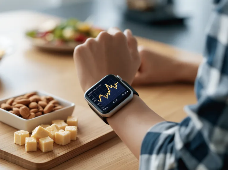 Person checking a glucose tracking watch beside almonds and cheese cubes.