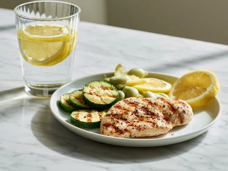 Grilled chicken with zucchini, lemon slices, and water on a light marble table.