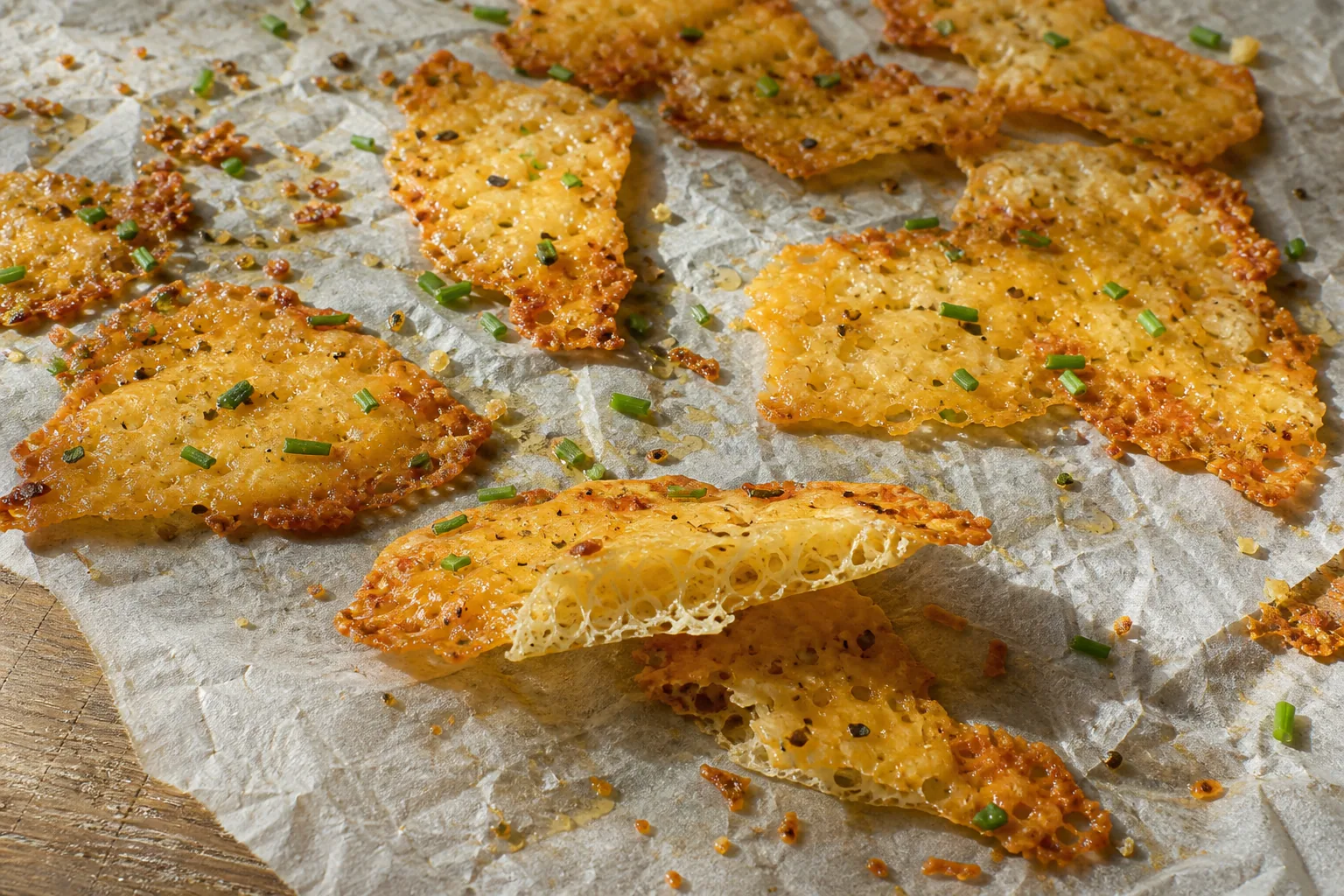 Air fryer cottage cheese chips cooling on parchment, one snapped in half to show the honeycomb inside, with chives.