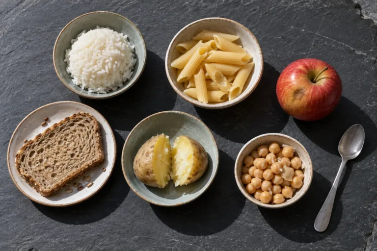 Bowls of white rice, penne and chickpeas, a wholegrain slice, a halved potato and a red apple on dark slate