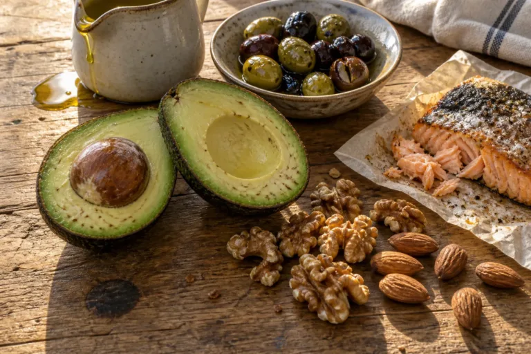 A jug of olive oil, olives, a halved avocado, walnuts, almonds and a flaked salmon fillet on weathered oak