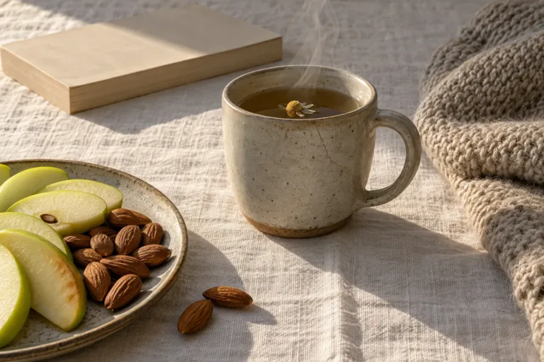 A steaming mug of chamomile tea beside sliced green apple and almonds on white linen in late afternoon sun