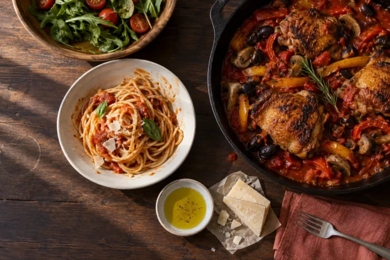 Diabetic Italian recipes on a walnut table: a small bowl of spaghetti beside a skillet of chicken cacciatore.