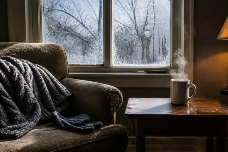 A wool blanket and knitted socks on a worn armchair beside a frosted window, with a steaming mug on the side table.