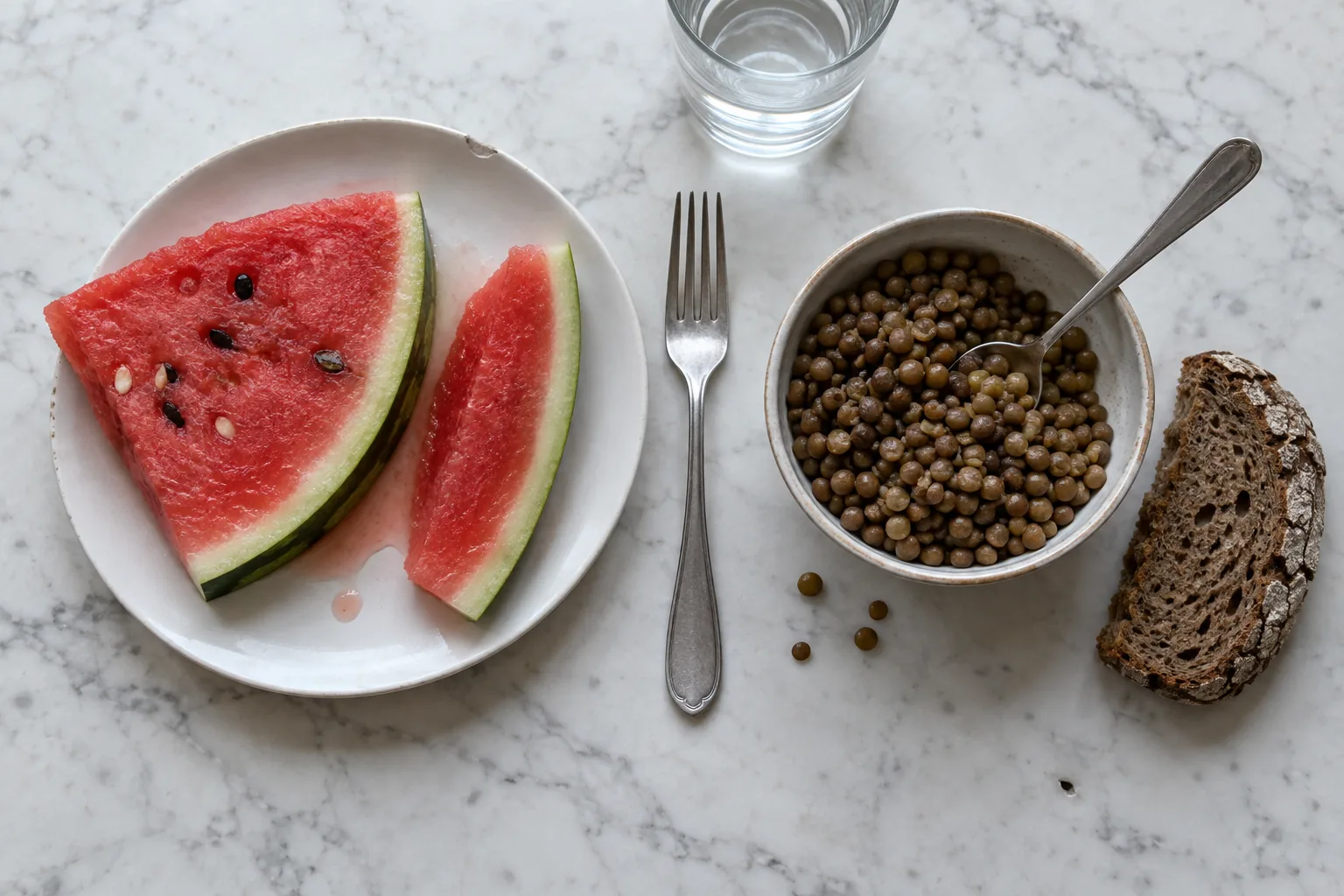 Glycemic load vs glycemic index: watermelon wedges on a plate beside a bowl of brown lentils and rye bread on white marble, seen from above