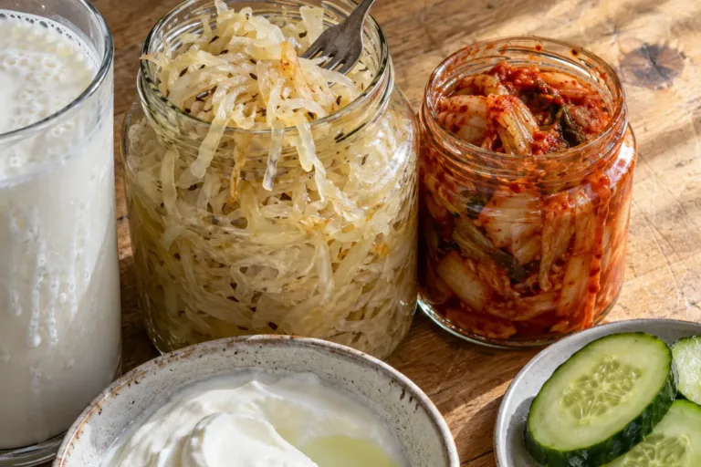 A glass of kefir, jars of sauerkraut and kimchi, a bowl of yogurt and cucumber slices on pale oak