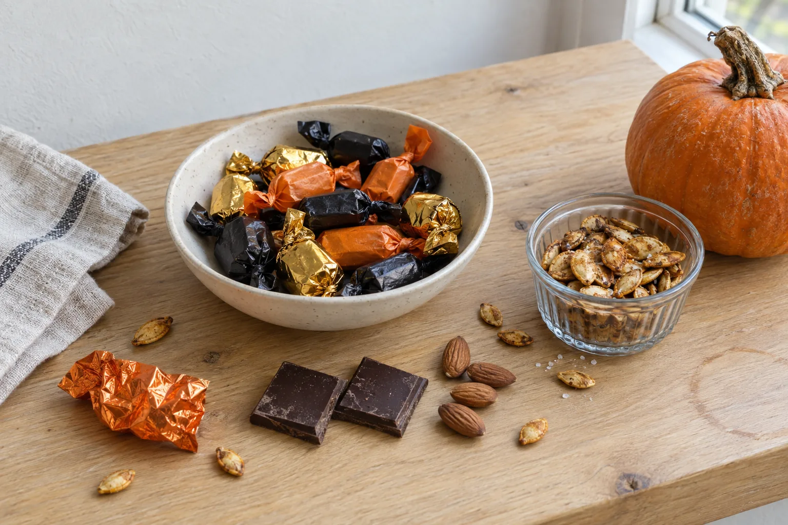 Halloween candy for diabetics in a small stoneware bowl beside dark chocolate squares, almonds and roasted pumpkin seeds.