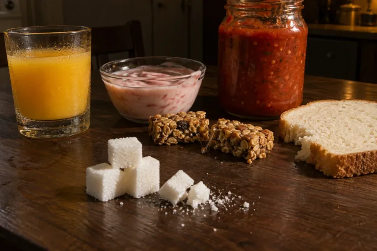 Orange juice, strawberry yogurt, a granola bar, tomato sauce and white bread beside a pile of sugar cubes