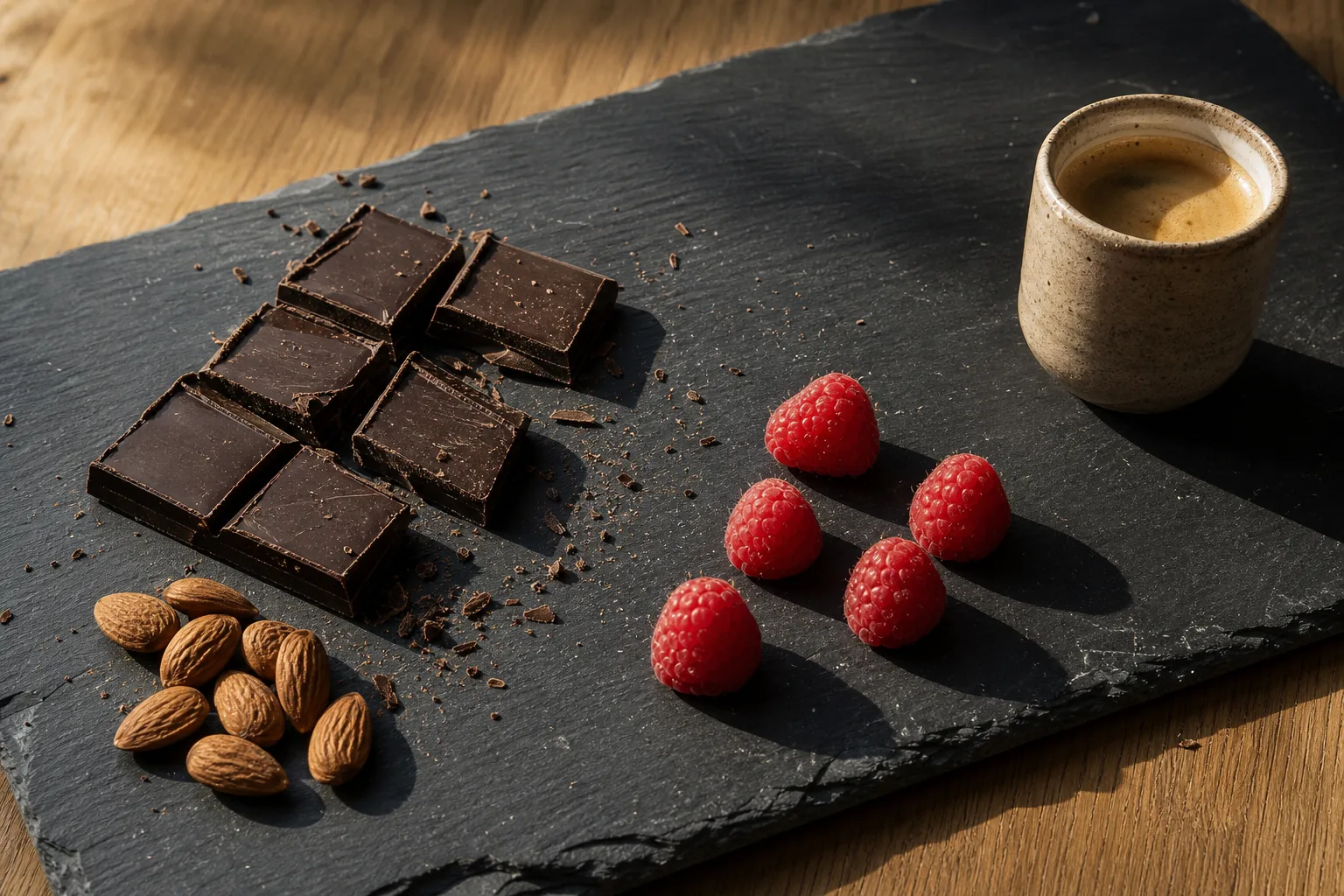 Squares of dark chocolate on a slate board with almonds, raspberries and a small cup of espresso