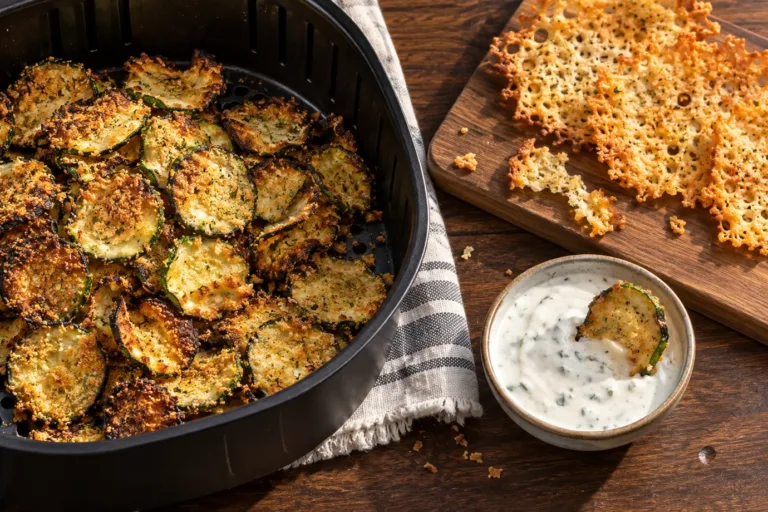 Parmesan-crusted zucchini chips in an air fryer basket beside parmesan crisps and a bowl of herb dip