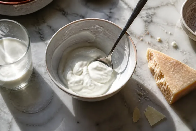 Low-lactose dairy swaps: a bowl of thick yogurt with the spoon still in it, a wedge of aged cheese and a glass of milk.
