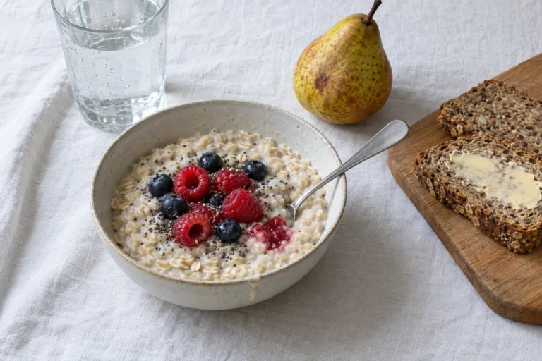 Porridge with raspberries, blueberries and chia, a glass of water, a pear and seeded wholegrain bread on white linen