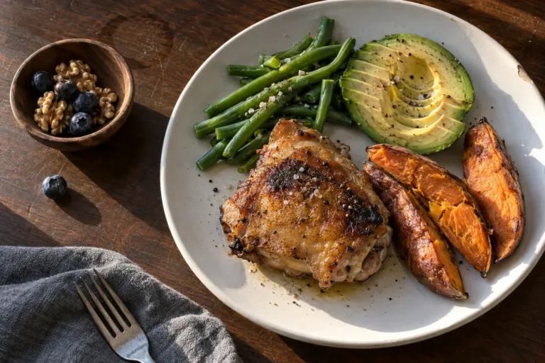 Paleo diet plate: seared chicken thigh, roasted sweet potato wedges, avocado and green beans on a dark walnut table