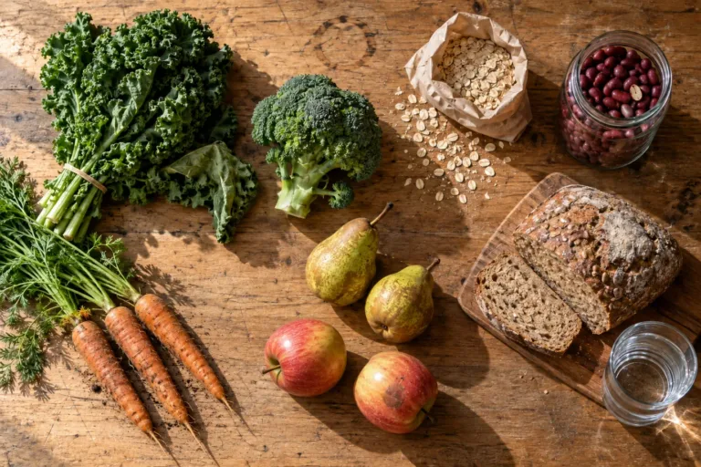 Kale, broccoli, carrots, pears, apples, spilled oats, kidney beans, a wholegrain loaf and a glass of water on an oak table