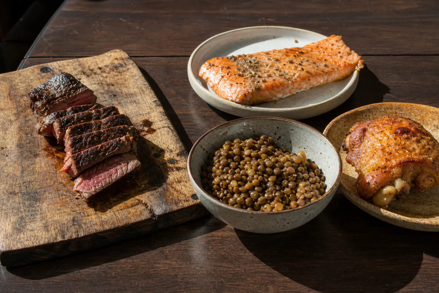 Sliced grilled steak, a salmon fillet, a bowl of lentils and a roasted chicken thigh on a walnut board