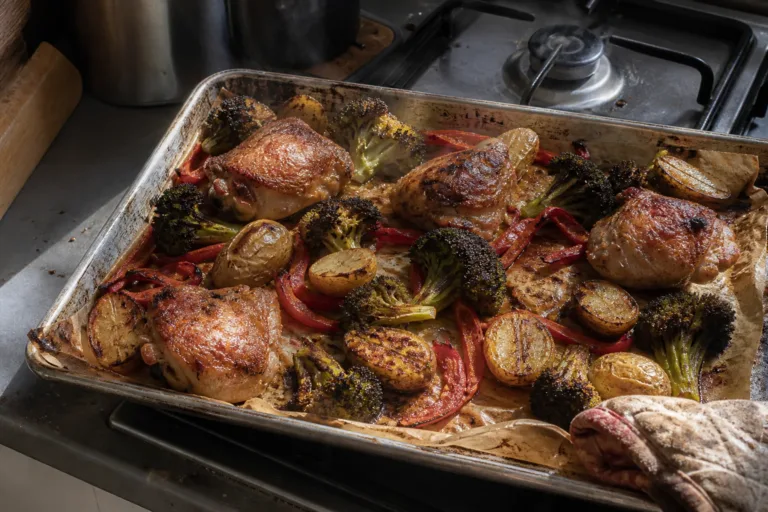 Sheet pan dinners from the oven: chicken thighs, charred broccoli, red pepper strips and halved potatoes on a tray.