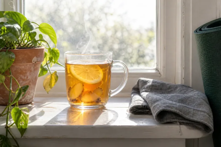 A steaming mug of ginger and lemon tea on a white windowsill with a trailing pothos and a rolled yoga mat