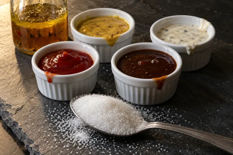 Ramekins of ketchup, barbecue sauce, honey mustard and herb dressing beside a spoon heaped with sugar on slate