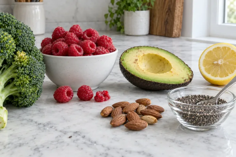 Broccoli, raspberries, a halved avocado, almonds, chia seeds and half a lemon on a white marble counter