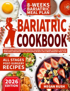 Front cover of the Bariatric Cookbook by Megan Rush, 2026 edition.