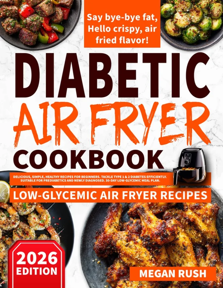 Front cover of the Diabetic Air Fryer Cookbook by Megan Rush, 2026 edition.
